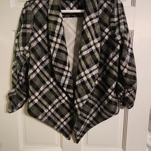 Plaid Open-Front Cardigan Jacket - Black, White, Olive